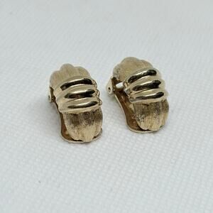 Christian Dior Vintage Gold Tone Textured Ribbed Half Hoop Clip On Earrings